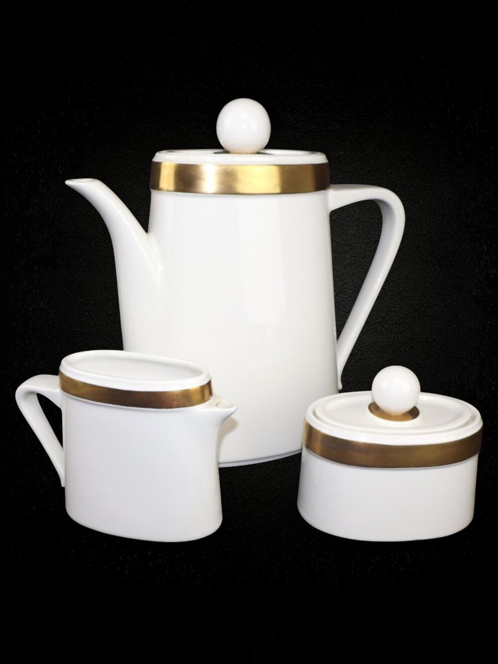 Rare Ernest Sohn Creations MCM Coffee Set 3 Pc White Porcelain Gold Band USA